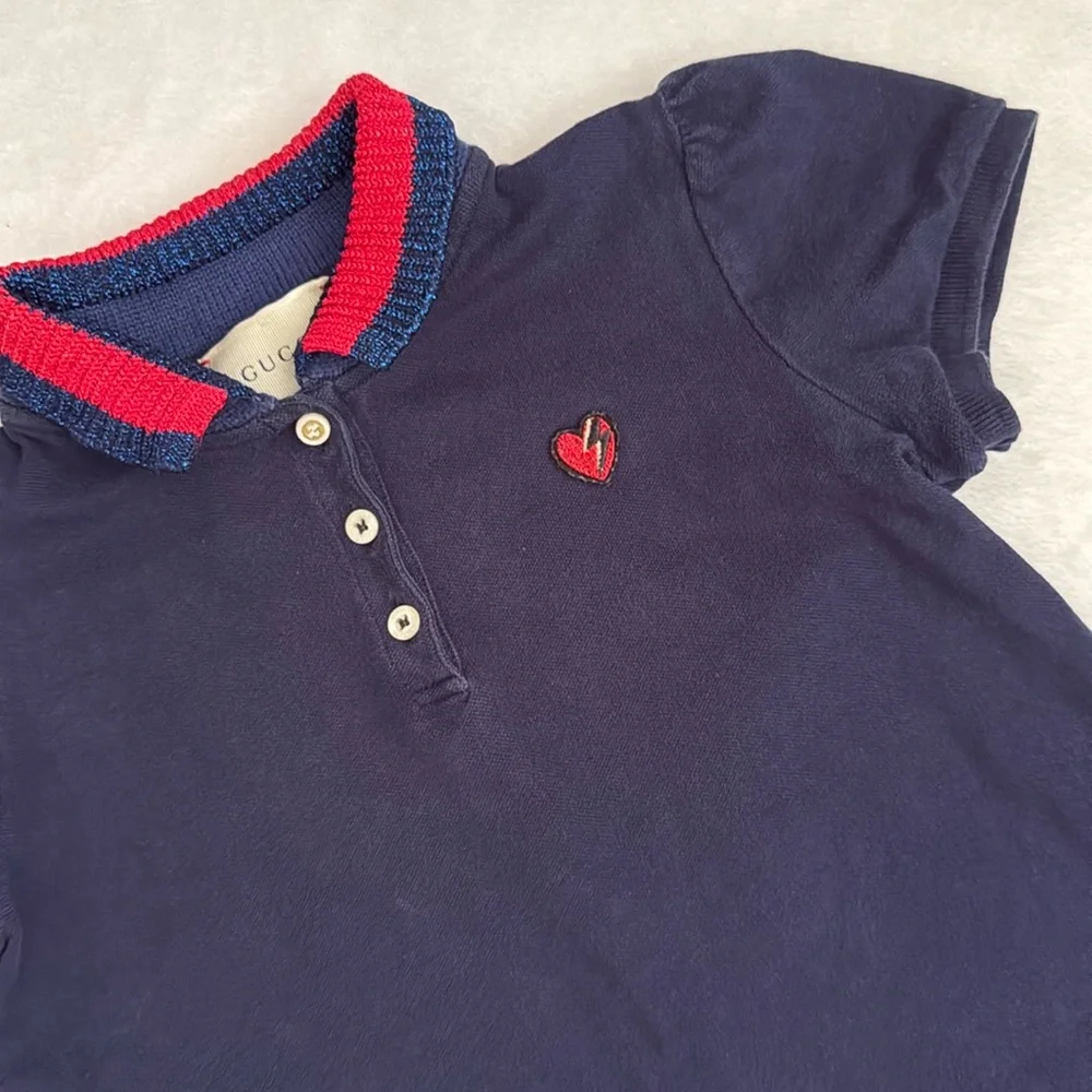Gucci | Heart Patch Stripe Knit Collar Short Sleeve Pique Polo Dress Navy Blue 8 - Picture 5 of 16